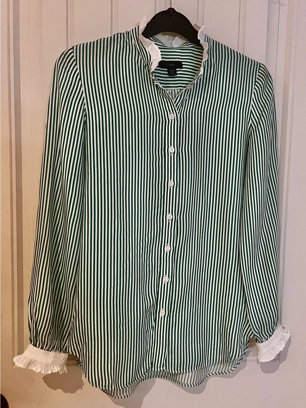 Jew crew Green and White Vertical Stripe Ruffle Button-Up Blouse